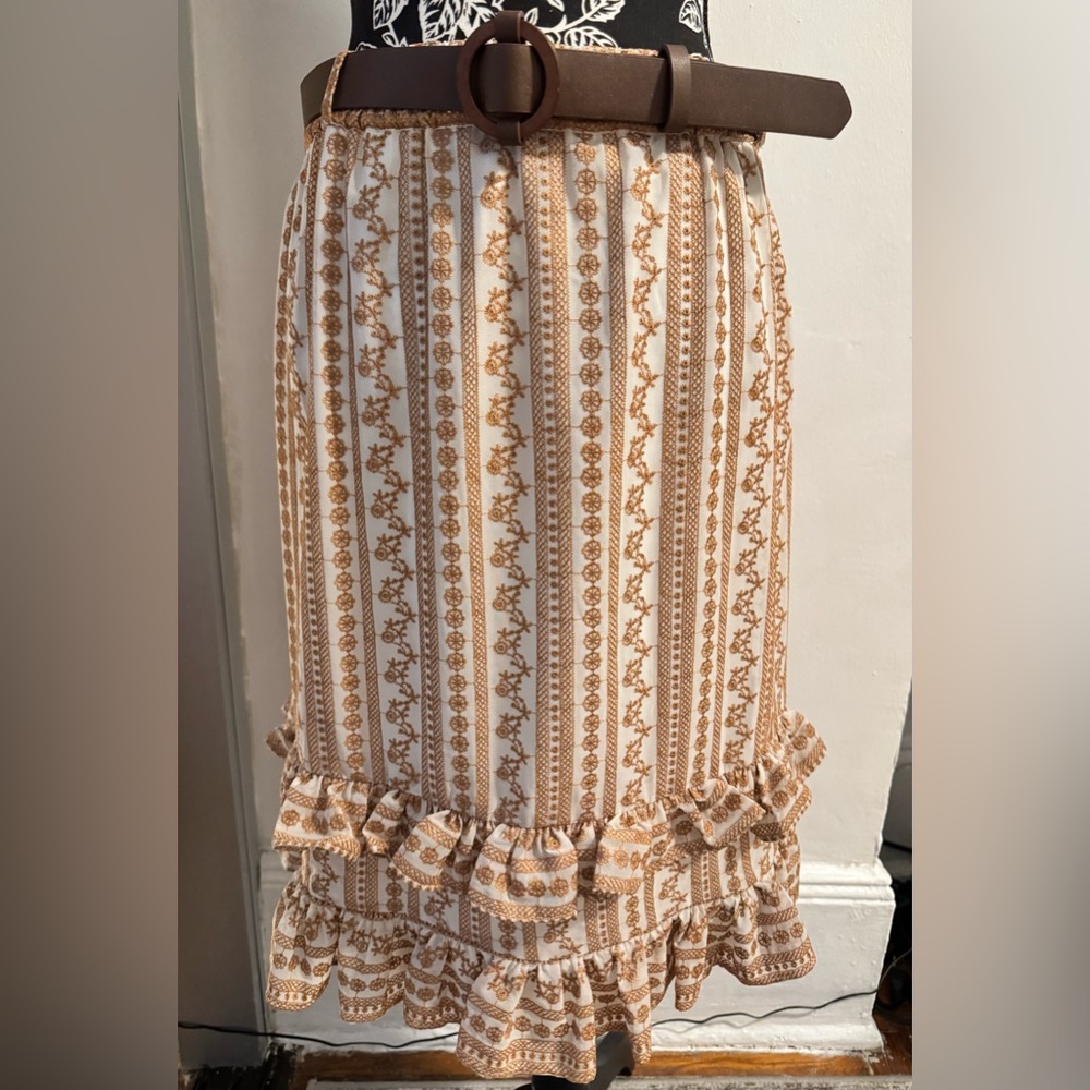 Calvin Klein Cream and Tan Midi Bubble Skirt with Ruffled Tiered Design
